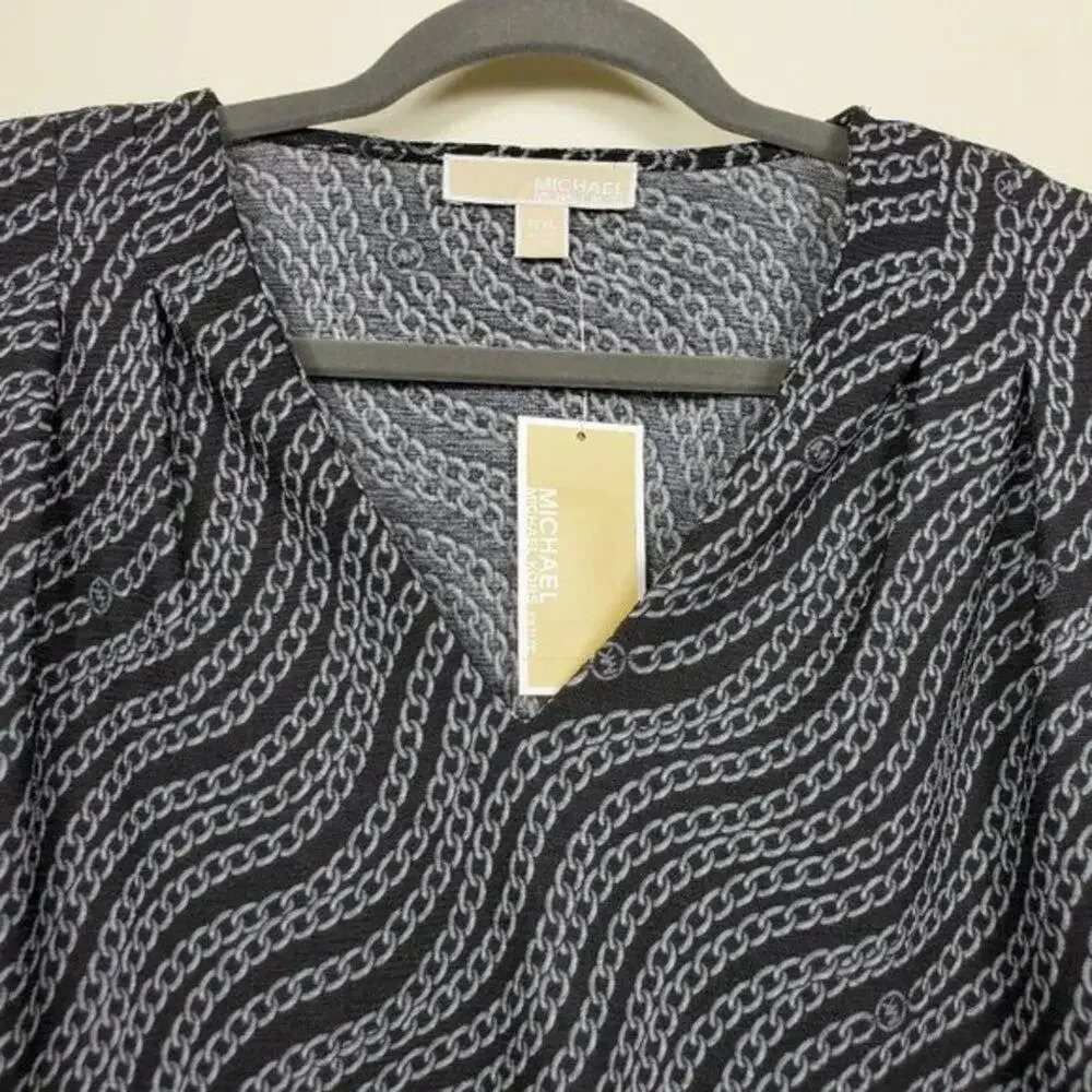 Michael Kors Chain Print Top Women Size PXL Black Silver Short Sleeve NEW